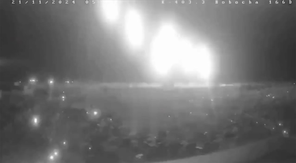 Nighttime security camera footage of a hypersonic missile strike.