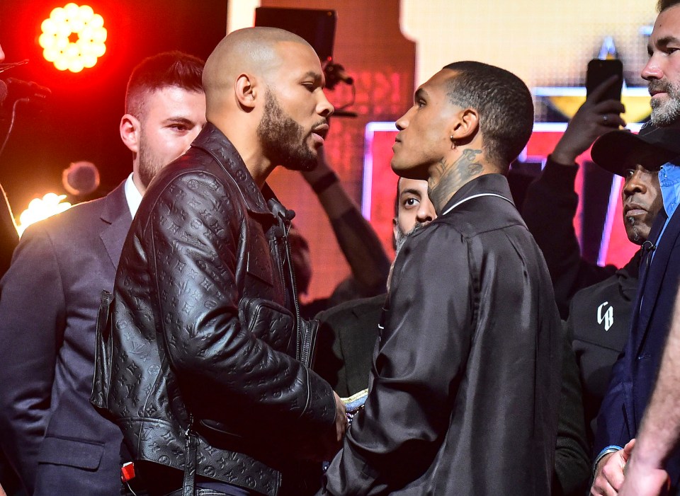 Chris Eubank Jr. and Conor Benn face each other at a press conference.