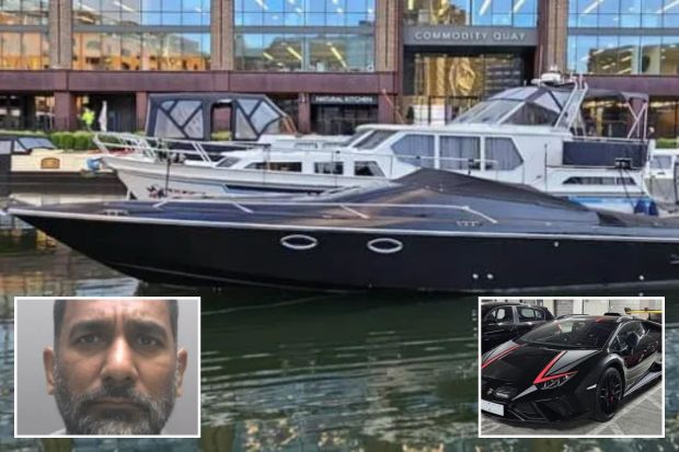 An image collage containing 3 images, Image 1 shows Black speedboat docked at Commodity Quay, Image 2 shows Mugshot of Anopkumar Maudhoo, a serial fraudster, Image 3 shows Black Lamborghini Huracán with red stripes