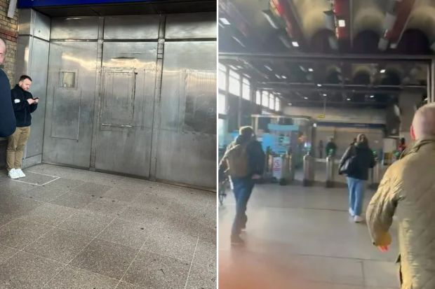 An image collage containing 2 images, Image 1 shows Closed Waterloo Underground station entrance with a sign indicating an emergency, Image 2 shows Waterloo station closed due to a fire alert; passengers using London Buses