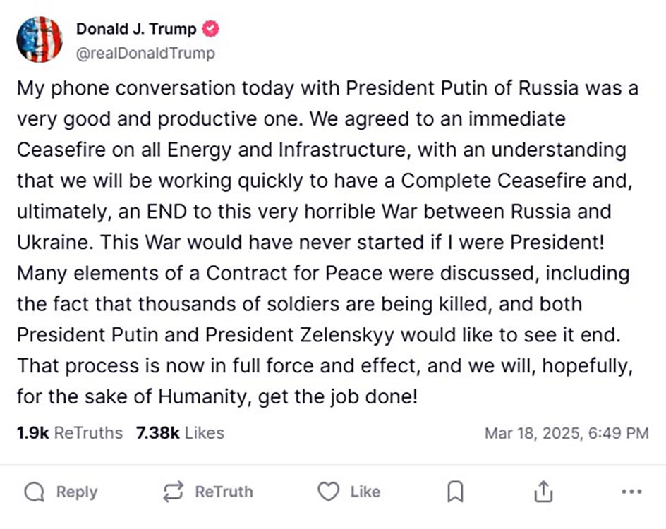 Screenshot of a Truth Social post by Donald Trump about a phone conversation with Vladimir Putin regarding a ceasefire between Russia and Ukraine.