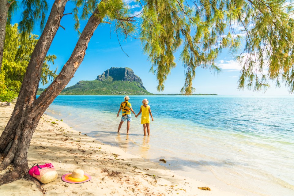 Couple holding hands on a tropical beach.