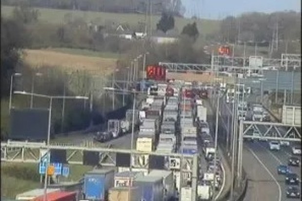 Traffic jam on the M1 motorway due to a road closure.