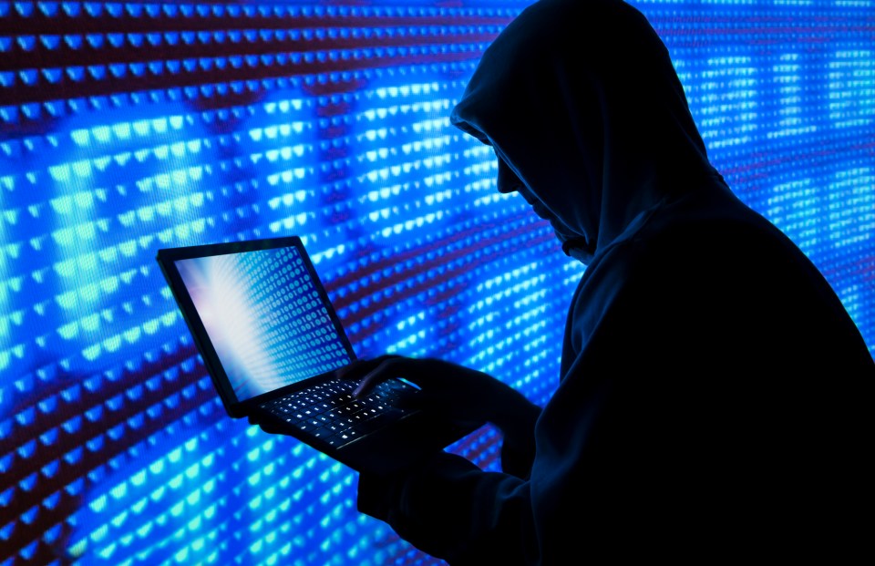 Silhouette of hooded figure using laptop in front of blue binary code background.