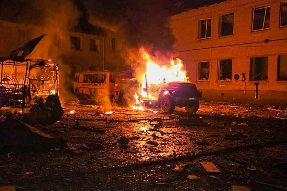 Firefighters extinguishing a fire following a drone attack in Kupyansk, Ukraine.
