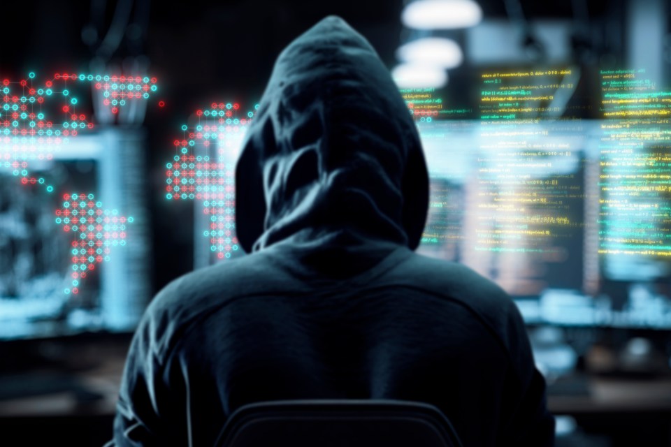 Hooded figure sitting at a computer, working with code and a world map data visualization.