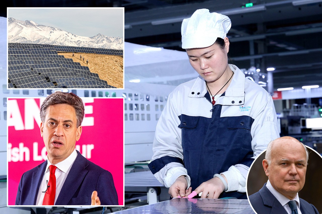 Collage of solar panels, a factory worker, and two politicians.