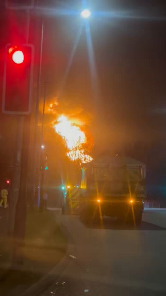Large fire at night near a road.