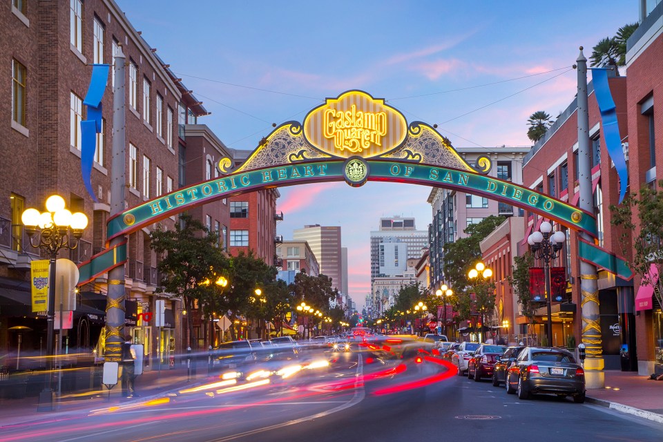 Gaslamp Quarter arch in San Diego at dusk.
