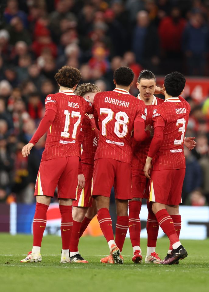 Liverpool players celebrating a goal.