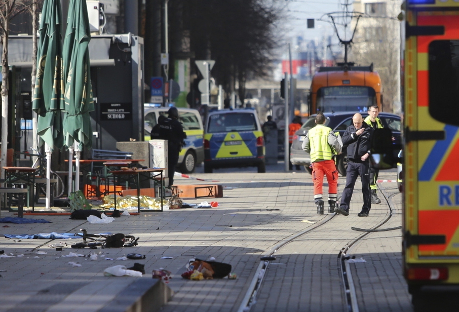 Emergency personnel at a scene in Mannheim, Germany.