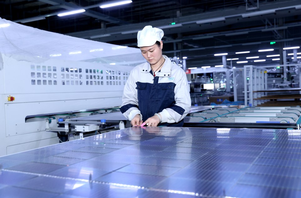 Worker assembling solar panels on a production line.
