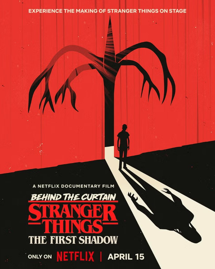 Illustration of a person standing before a shadowy tree, promoting the Netflix documentary "Stranger Things: Behind the Curtain – The First Shadow."