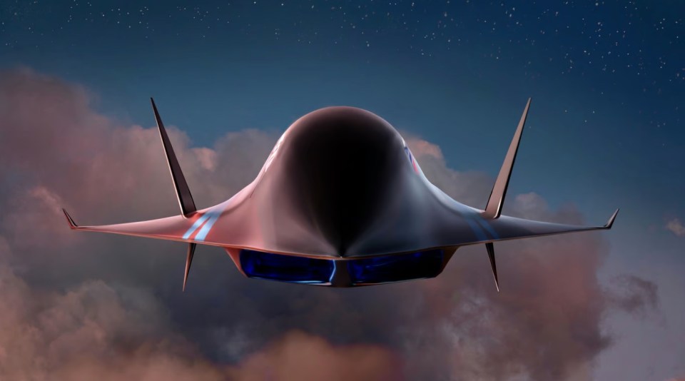 Illustration of a hypersonic plane flying above the clouds.
