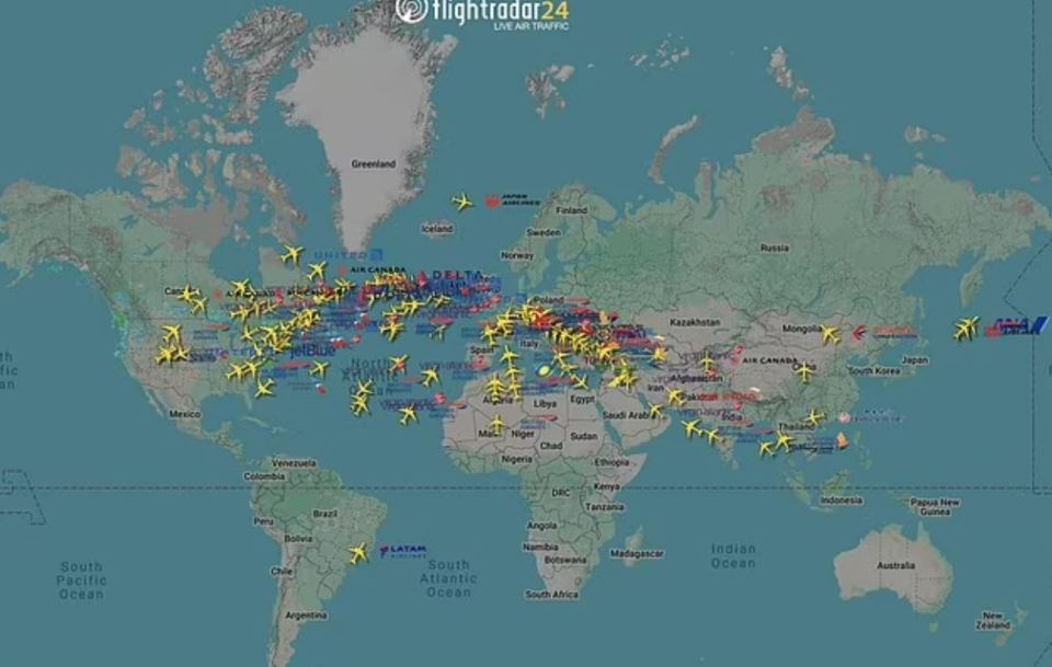 World map showing flight paths diverted due to Heathrow Airport closure.