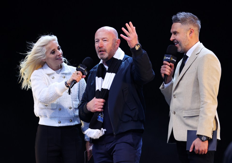 Alan Shearer being interviewed at a Newcastle United trophy parade.