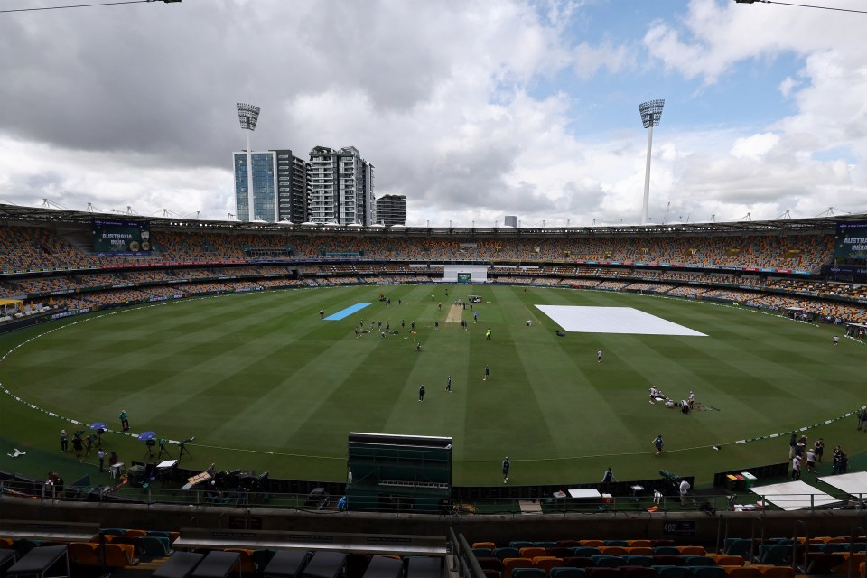 The Gabba cricket stadium during a rain delay.