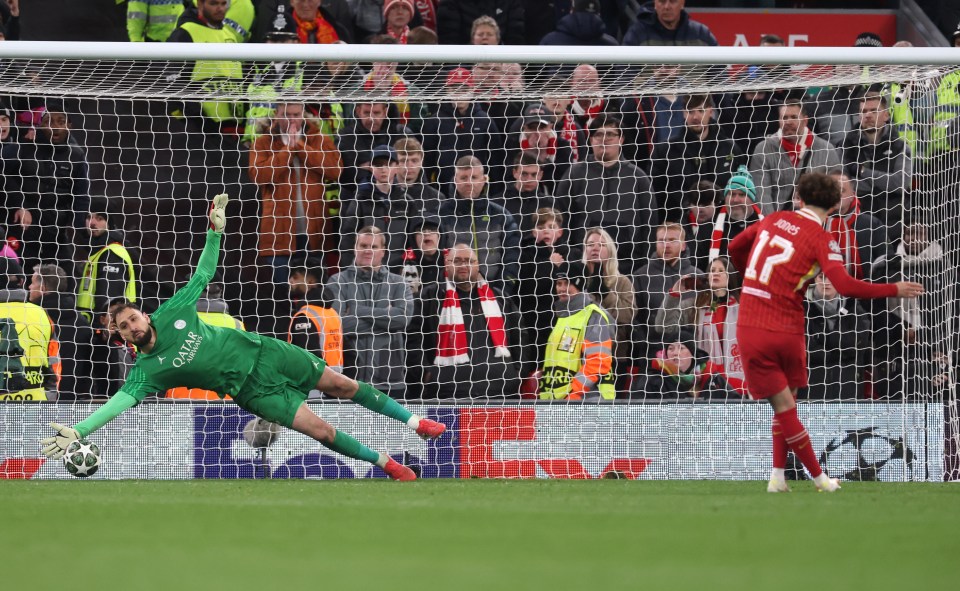 Gianluigi Donnarumma of Paris Saint-Germain saving a penalty kick.