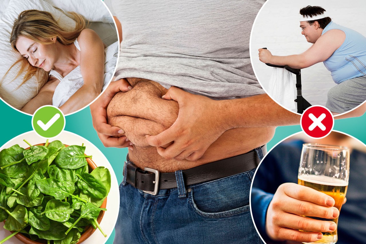 Collage showing healthy and unhealthy habits affecting belly fat.