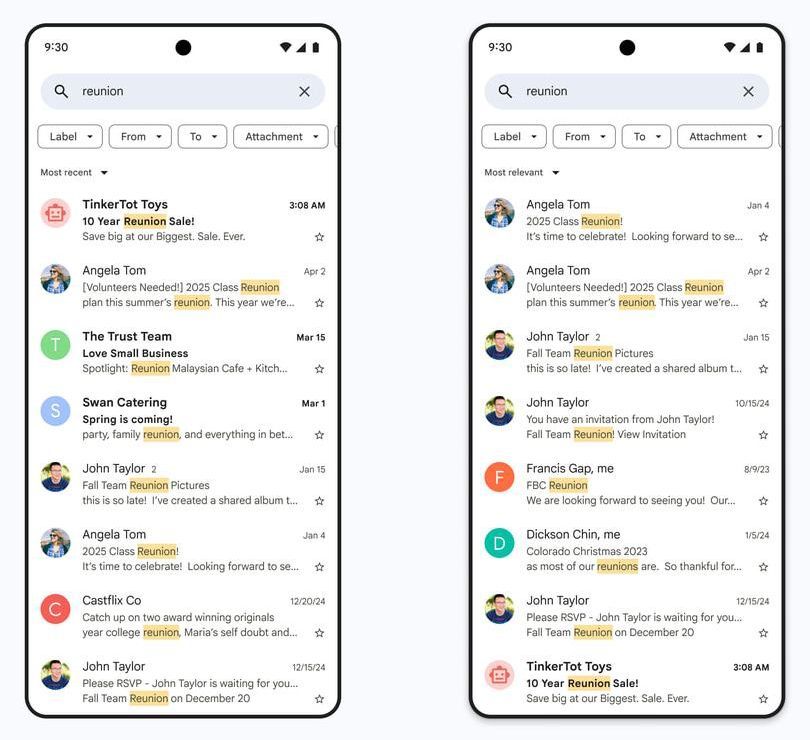 Gmail search results showing emails about reunions.
