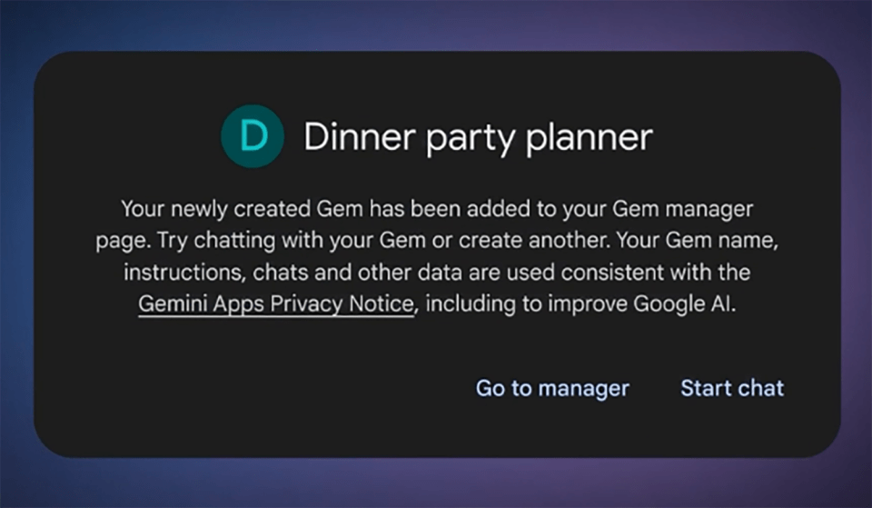 Notification that a new Gemini "Dinner party planner" Gem has been created.