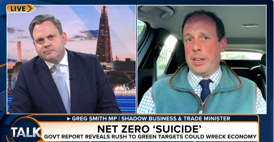 Screenshot of a news segment featuring Greg Smith MP discussing the economic impact of net-zero policies.