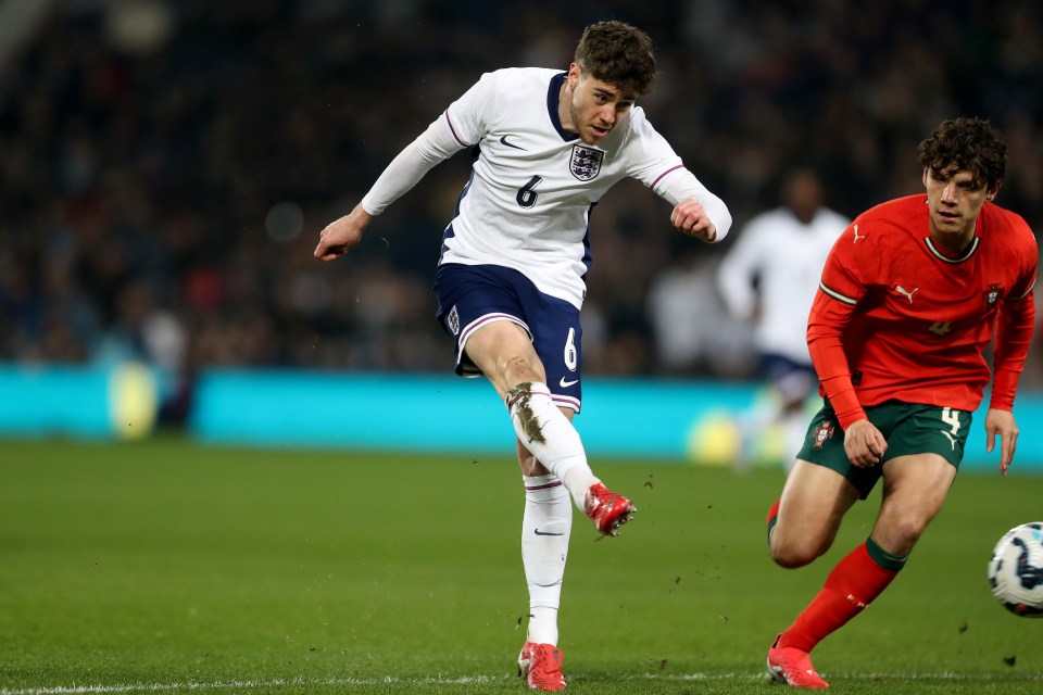 Hayden Hackney of England scoring a goal against Portugal in a U21 international match.