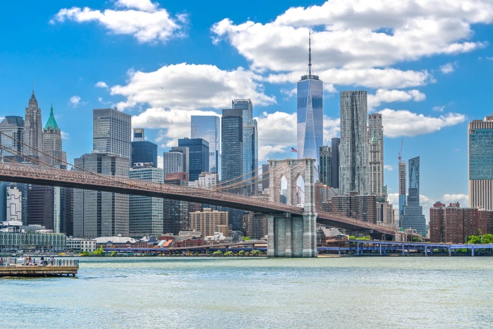 The Brooklyn Bridge and the Manhattan skyline.