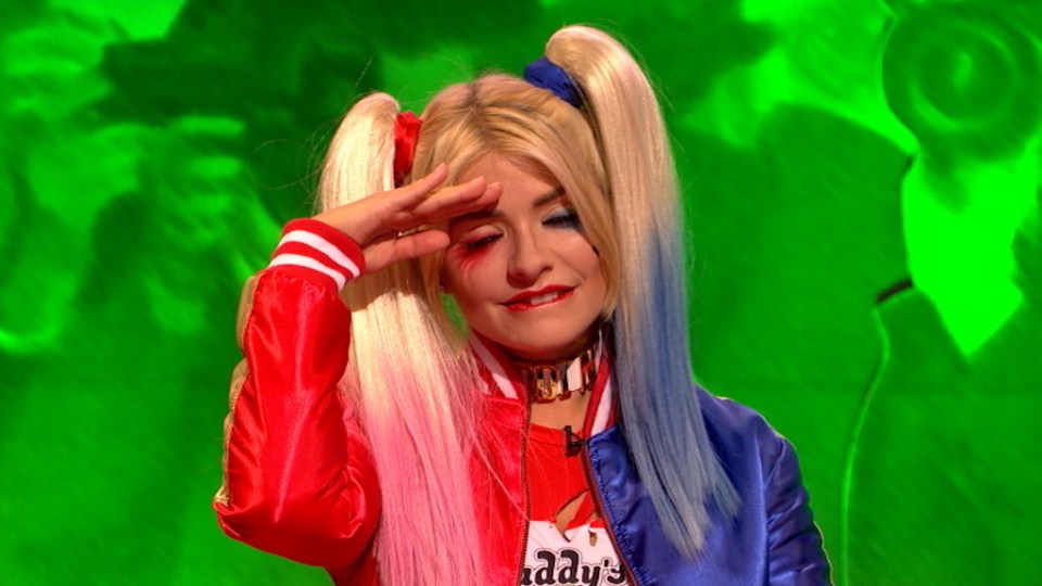 Holly Willoughby, dressed as Harley Quinn, appearing slightly intoxicated.