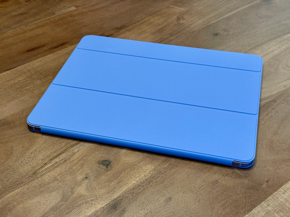 iPad Air in a light blue case.
