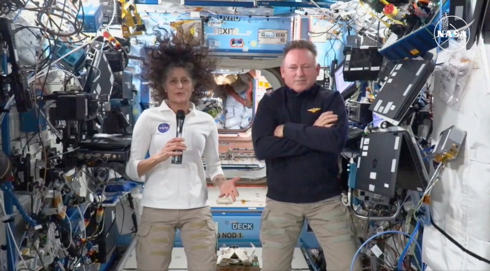 NASA astronauts Suni Williams and Butch Wilmore during a press conference from the International Space Station.