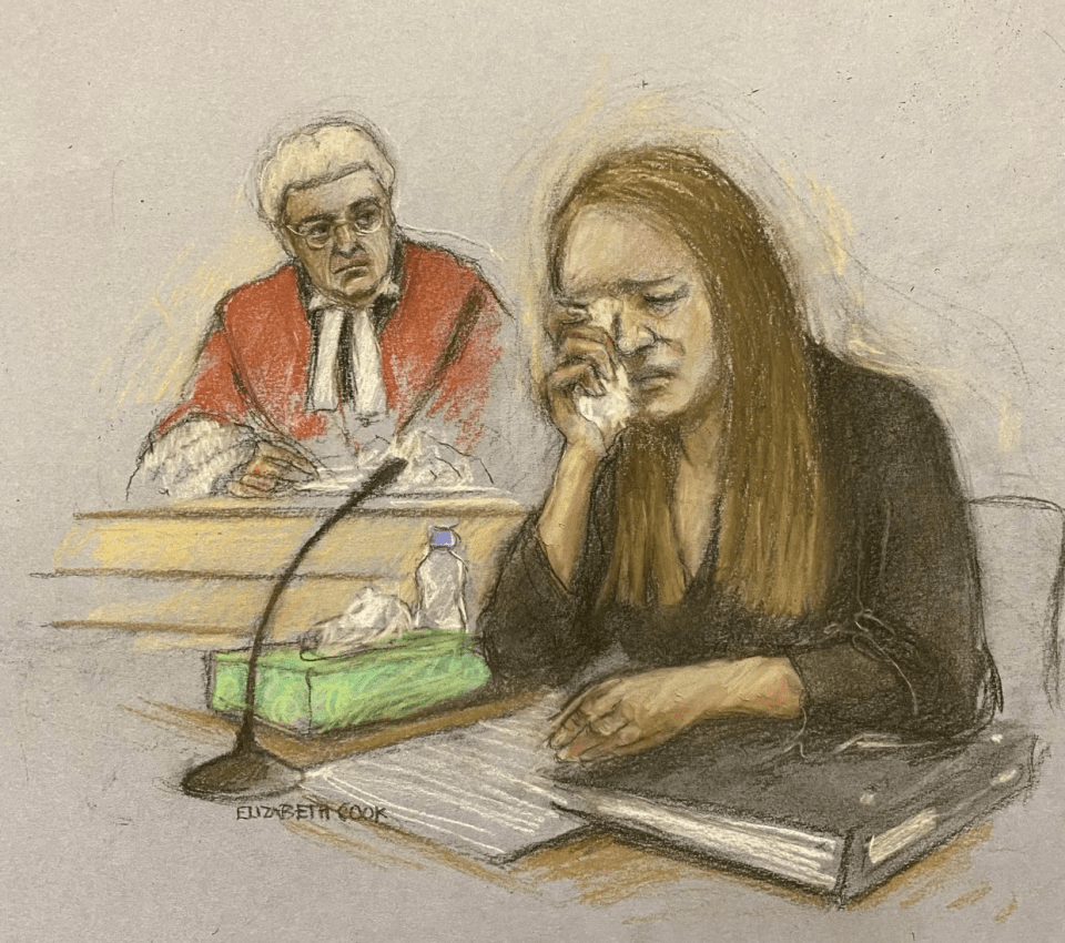 Courtroom sketch of a woman crying and a judge.