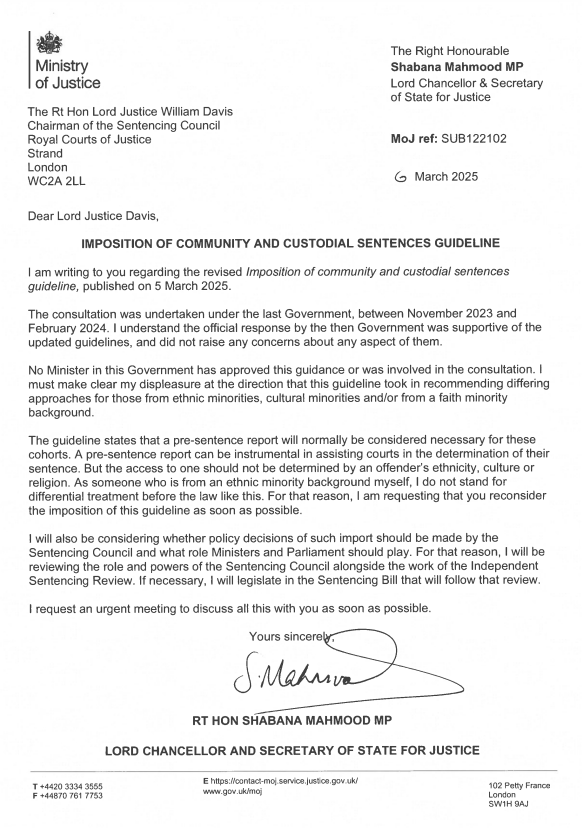 Letter requesting reconsideration of community and custodial sentences guideline.