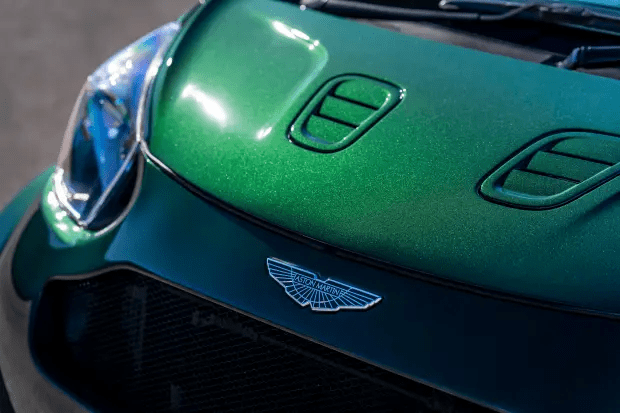 Close-up of an Aston Martin car hood.