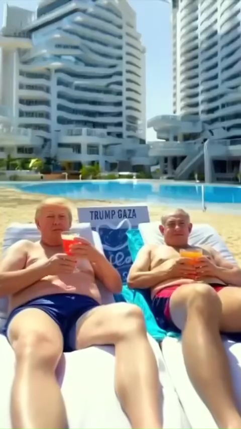 Two men sunbathing on lounge chairs by a pool, holding drinks; a sign reading "Trump Gaza" is between them.