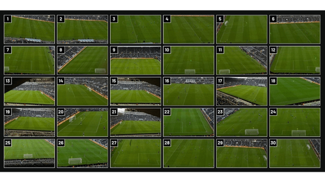 Thirty numbered images of a soccer field from an overhead view.