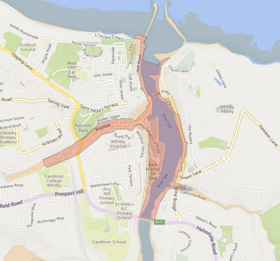 Map of Whitby, UK, showing streets, parks, and schools.