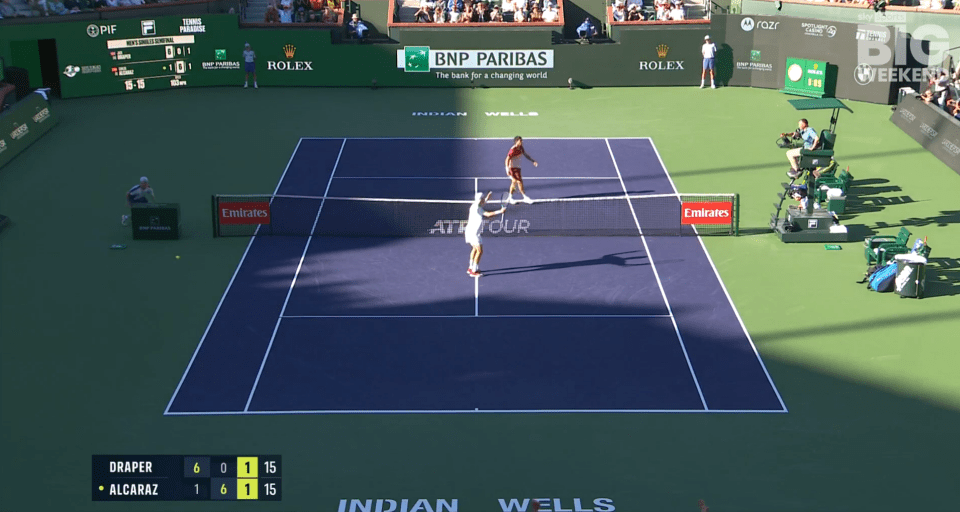 Tennis match in progress at Indian Wells.