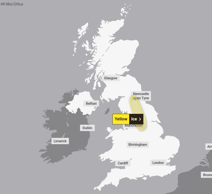 Map of the UK highlighting areas with a yellow ice warning.