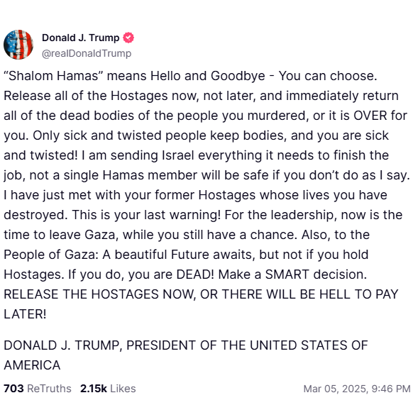 Screenshot of a tweet by Donald J. Trump demanding the release of hostages.