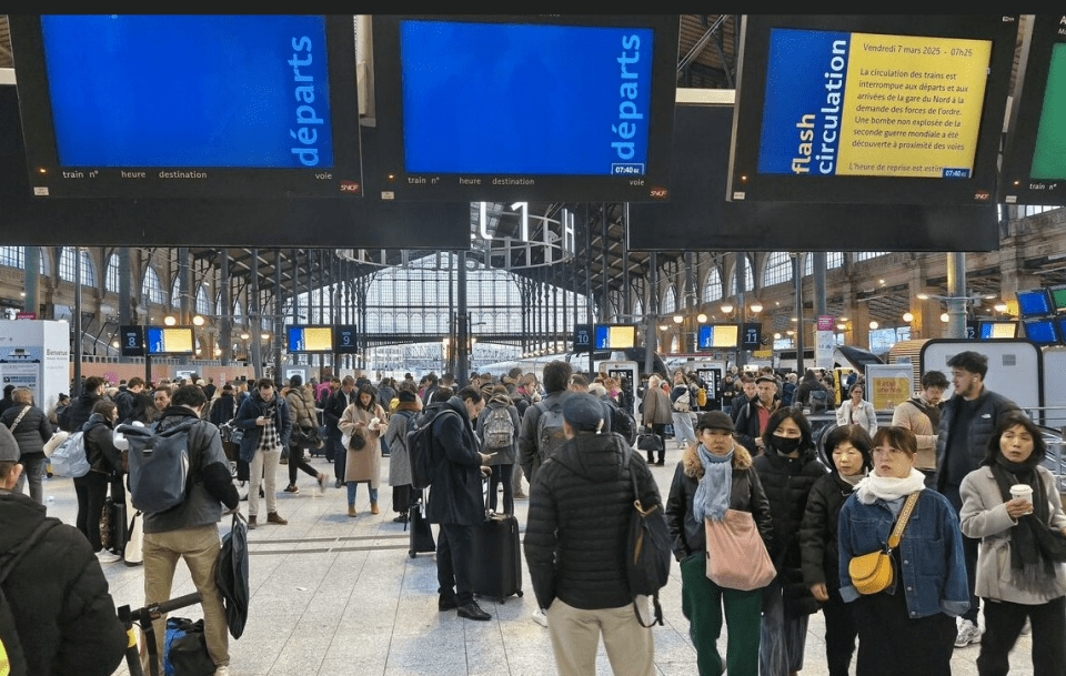 Crowded train station with departure boards showing service disruptions.