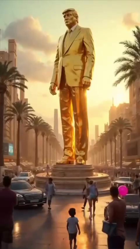 Illustration of a golden statue of Donald Trump in a city.