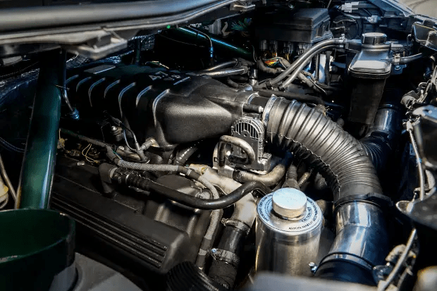 Close-up of a car engine.