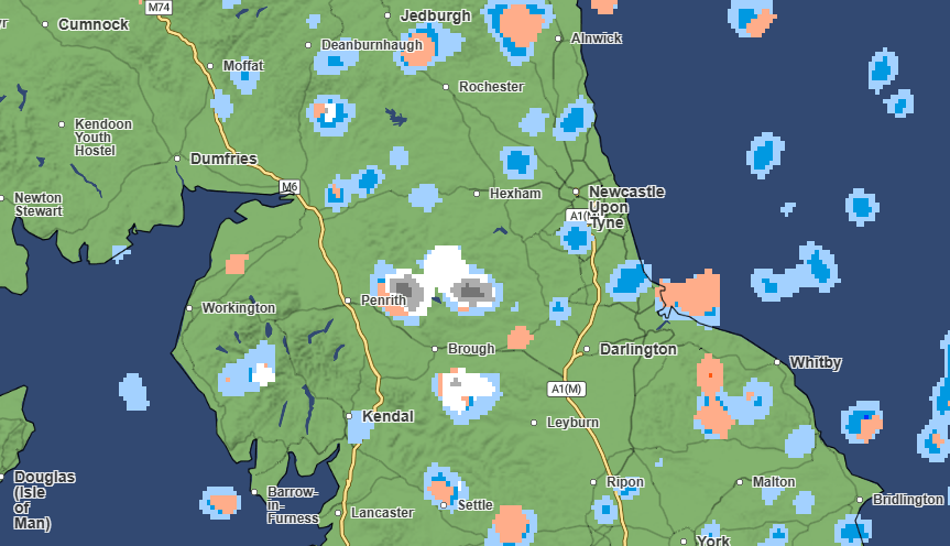 Map of Northern England showing areas of rain.