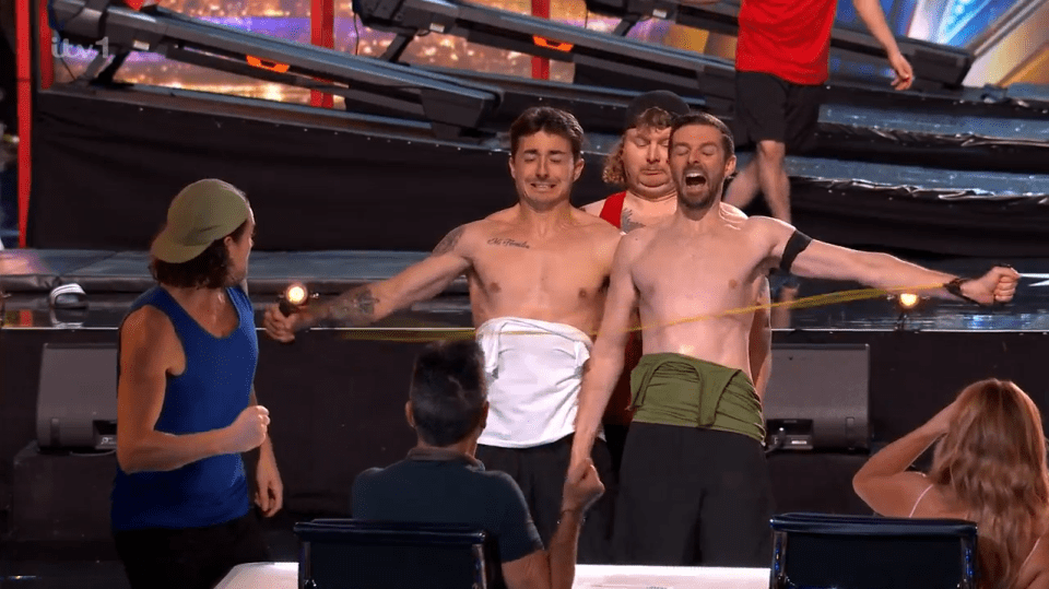 Three shirtless men having their waists measured with a tape measure.