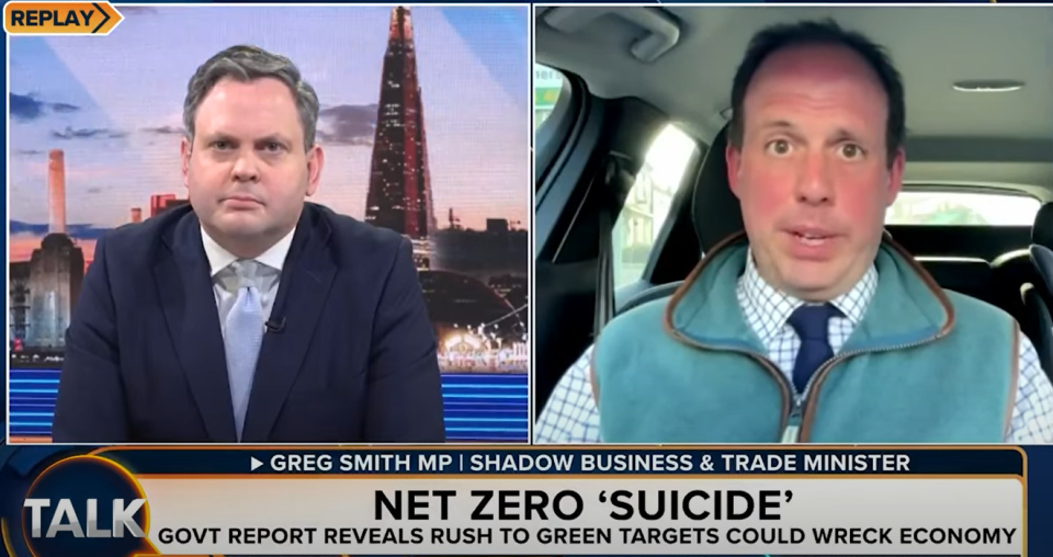 Screenshot of a news segment featuring Greg Smith MP discussing a government report on net-zero targets.