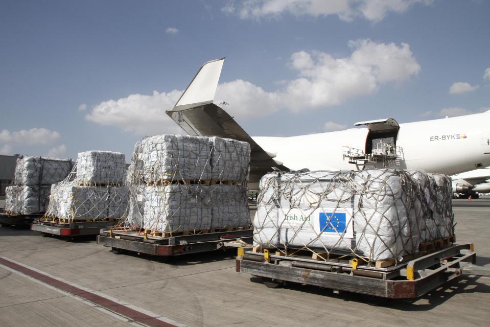 Irish Aid tents arriving in Gaza on pallets.