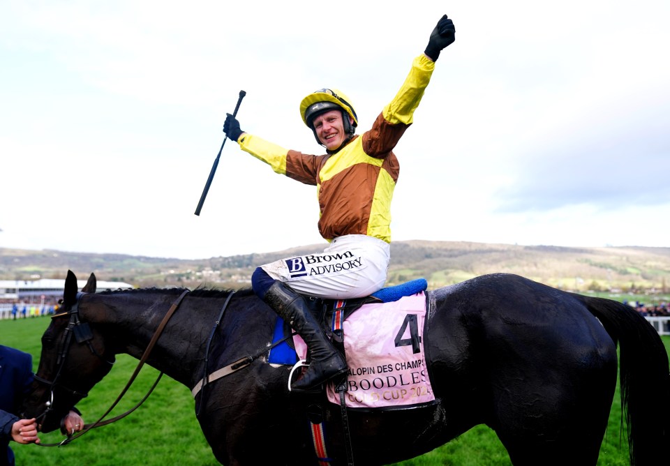Jockey Paul Townend celebrating a win on Galopin Des Champs at the Cheltenham Gold Cup.