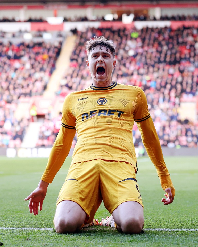 Jorgen Strand Larsen of Wolverhampton Wanderers celebrates a goal.