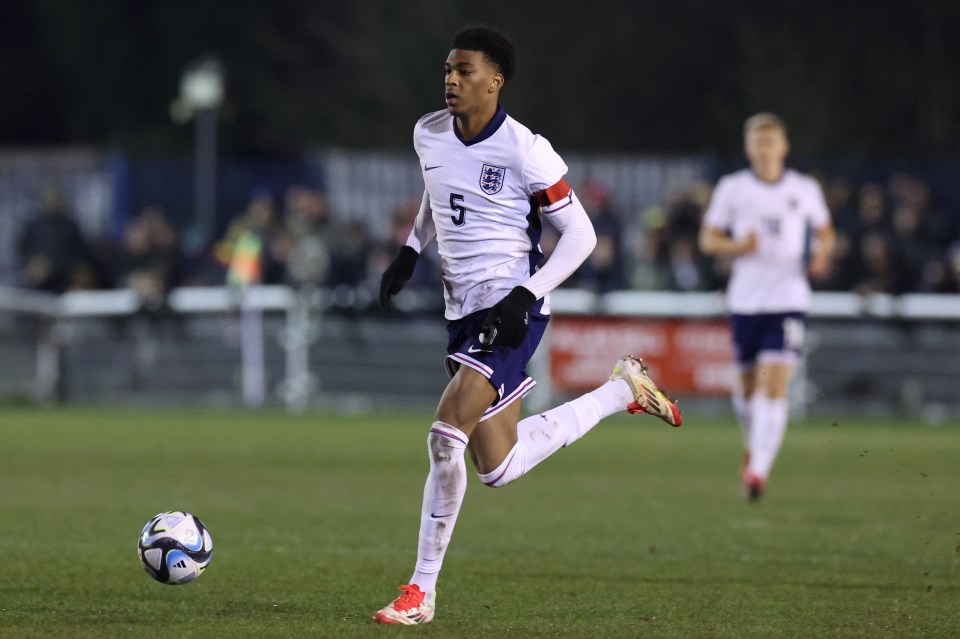 Josh Acheampong of England in action during a soccer match.